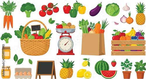 Colorful vector illustration of fresh groceries and market items, perfect for healthy food and shopping concept.