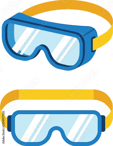 Vector illustration of blue safety goggles with yellow strap, featuring protective lens, ideal for work safety, laboratory, sports and industrial equipment design.