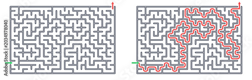 Rectangular labyrinth puzzle game with red solution path printable educational activity worksheet for kids vector illustration