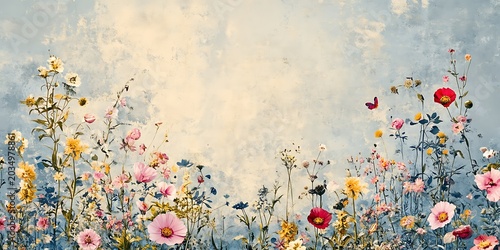 Delicate wild cosmos flowers bloom in a garden display against a textured light blue background with a flying small butterfly