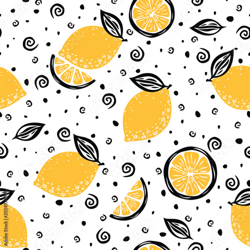 Hand Drawn Doodle Lemon Seamless Pattern with Yellow Slices and Black Swirls