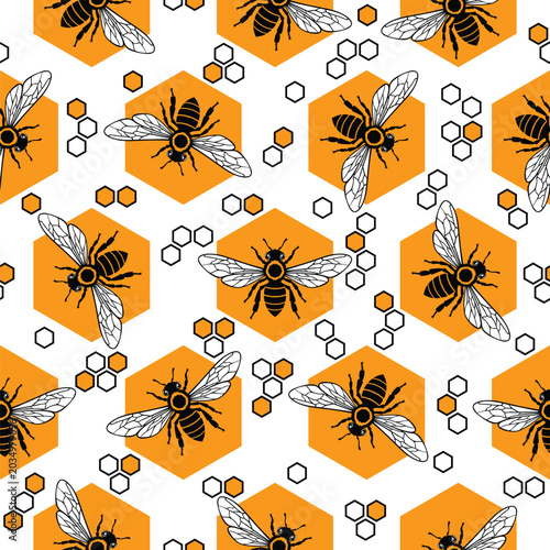 Seamless Honeybee and Hexagon Honeycomb Pattern