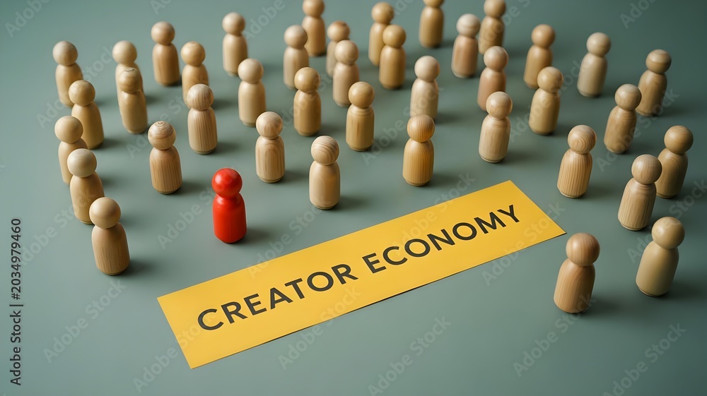 Obraz premium A red figure stands out from a crowd of wooden figures with a CREATOR ECONOMY sign