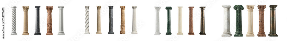 Naklejka premium Collection of decorative architectural columns in various stone textures isolated on transparent background