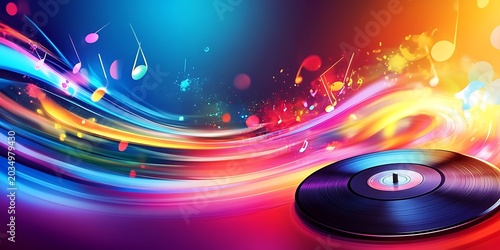 Vibrant abstract composition showcasing a classic vinyl record amidst dynamic, colorful light trails and numerous floating musical notes, evoking an energetic sound experience.