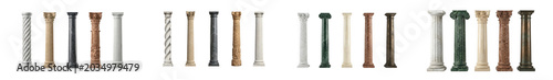 Collection of decorative architectural columns in various stone textures isolated on transparent background