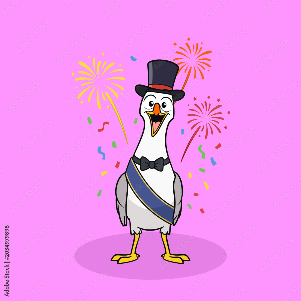 Obraz premium Happy Cartoon Seagull Celebrating New Year with Fireworks
