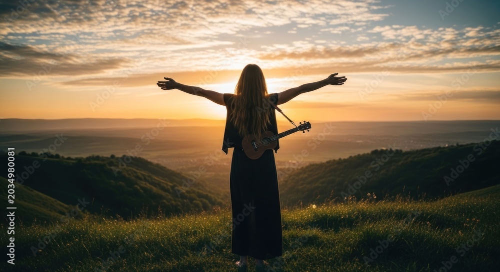 Fototapeta premium Woman With Open Arms Embracing Sunrise Over Rolling Hills.