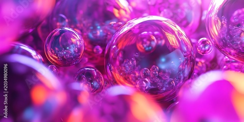 A captivating abstract background showcasing dynamic, vibrant purple and pink spheres reflecting light with a glossy, futuristic, and liquid texture.