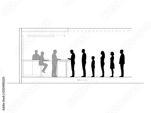 Conceptual CAD blueprint illustrating people in a structured queue at a service counter, vital for architectural layout planning, efficient space utilization, and crowd management strategies