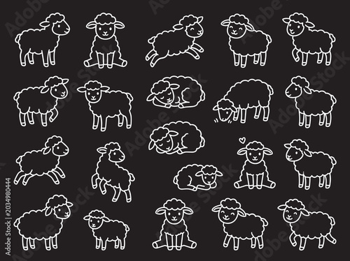 Cute Hand Drawn Sheep Doodles In Various Positions. Charming white line art sheep doodles set against a black background