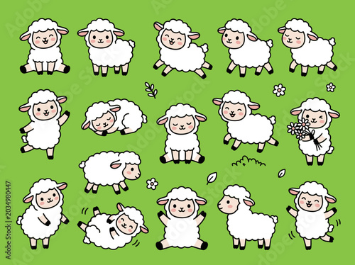 Adorable Kawaii Sheep Characters in Diverse Poses. Sweet cartoon sheep characters in many playful poses on a green field