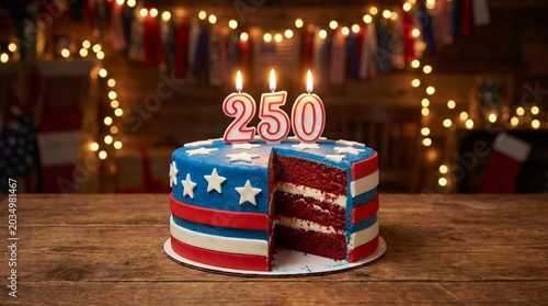 American Independence Day 250th Anniversary Dessert with Flag Cake and Festive Decorations