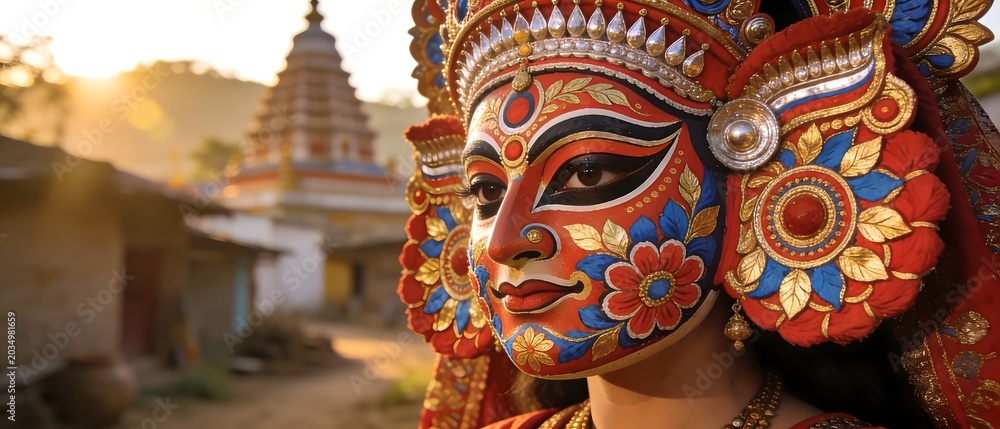 Fototapeta premium Traditional Chhau Dancer Wearing Ornate Red Mask in Purulia West Bengal at Golden Hour