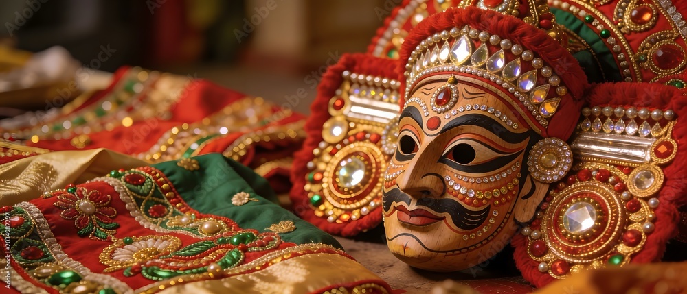 Fototapeta premium Traditional Chhau mask with ornate costume displayed in West Bengal, India