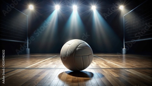 A solitary sphere rests upon a polished court, illuminated by dramatic spotlights, awaiting the thrill of the game