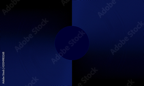 Two symmetric blue concentric arc semicircles on dark background with a circular copy space in the center, minimal futuristic vector art template for text placement.