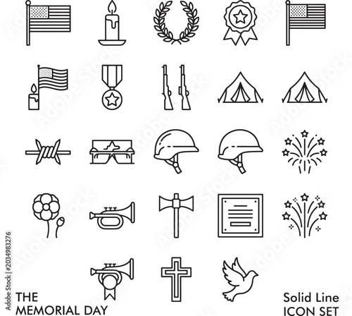 Quadro su tela Memorial Day Icon Set with Solid Line Drawings and Patriotic Symbols Featuring A