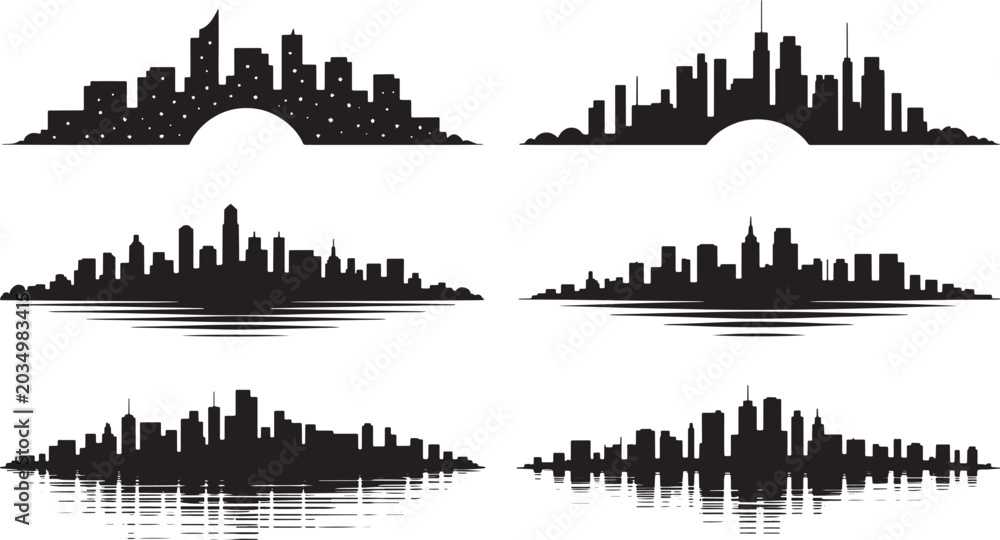 Obraz premium City skyline silhouettes icons set in solid style for urban architecture on white background