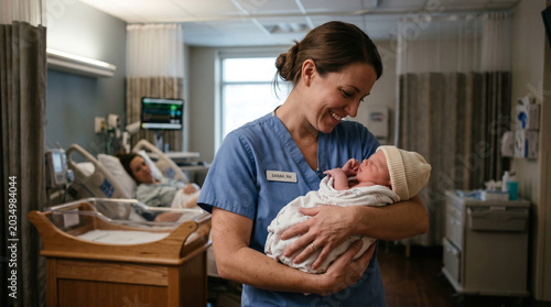 A smiling female nurse in blue scrubs gently cradles a swaddled newborn baby in a hospital maternity ward, while the mother rests in the background. Professional neonatal care and medical support.