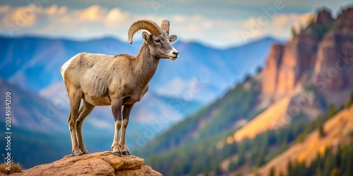 Majestic horned mammal standing proudly on a rocky outcrop amidst a breathtaking mountain vista with soft clouds and azure sky