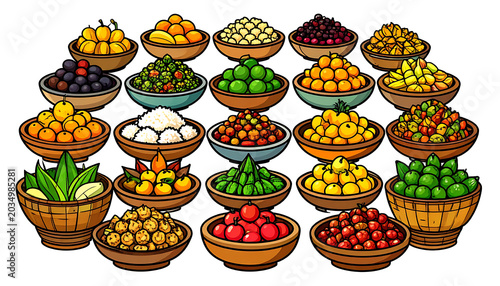 Collection of pixel art bowls filled with various fruits and vegetables, isolated on white, healthy food assortment