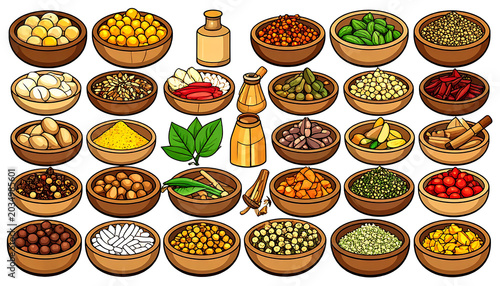 Collection of pixel art bowls filled with various spices, herbs, grains, and seeds, a digital representation of ingredients for cooking and culinary use.