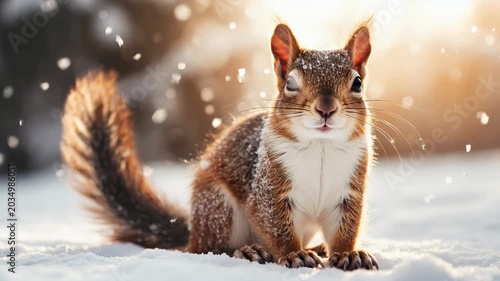 Tracking shot of squirrel moving from lying down to standing on snow with falling snowflakes and warm backlight in winter morning outdoors
