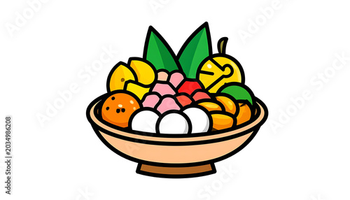 Colorful bowl overflowing with assorted fruits and dessert elements, healthy food and sweet treat concept, vibrant and fresh, isolated on white