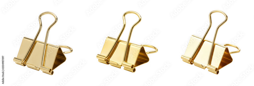 Obraz premium Gold metallic binder clips set isolated on transparent background
