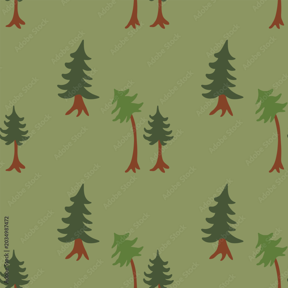 Obraz premium Seamless forest tree pattern on warm olive green background