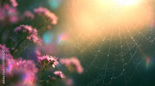 Premium wellness nature background with sparkling spider web and peaceful sunrise glow