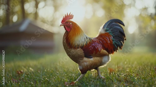 Tracking shot of rooster strutting forward across dew covered grass in rural yard at sunrise for farm and nature use