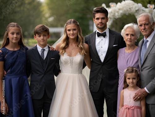 A bride and groom with their family standing together outdoors on a sunny day