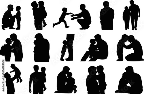 Father hugging and bonding with child silhouettes vector icon set isolated