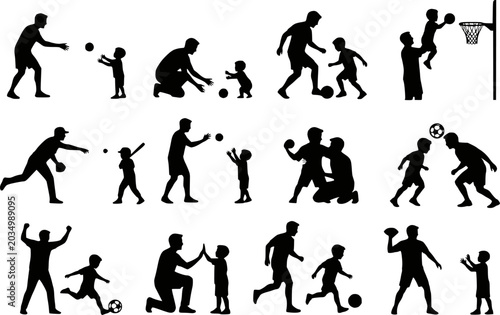 Father and son playing ball sport silhouettes vector icon set isolated