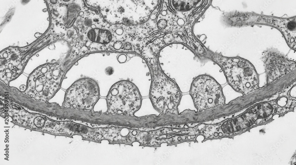 Obraz premium TEM of glomerular podocyte foot processes and thin slit diaphragms