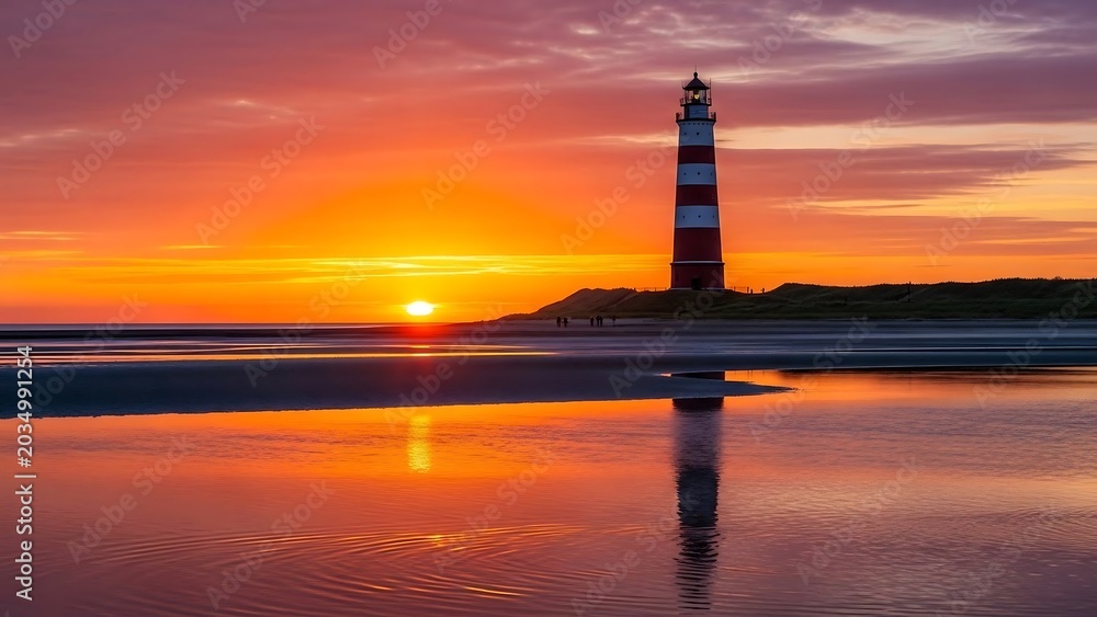 Fototapeta premium Lighthouse on a sandy beach at sunset with water reflection