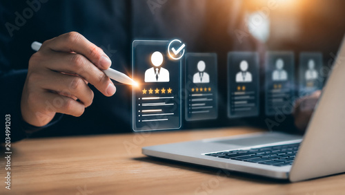AI generated hand selecting digital profile card virtual interface representing recruitment hiring evaluation talent management hr technology modern workspace concept