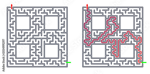Simple square maze with four inner blocks and solved route, printable logic game isolated on transparent background