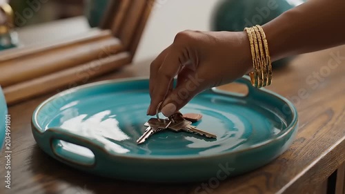 Hand Placing Keys on a Decorative Turquoise Tray on Wooden Surface.
