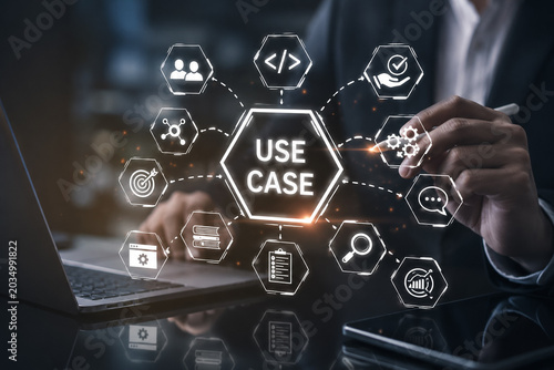 AI generated business professional interacting digital use case interface showing workflow automation data analysis connectivity modern enterprise technology solutions