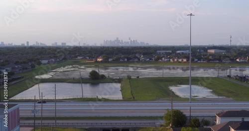 Aerial View of Pearland Neighborhoods Looking at Houston Skyline