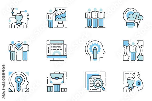 Corporate business web icons set in line stroke design. Outline duotone pictogram pack of leadership, training conference, team, brainstorming, development, opportunity, more. Vector illustration.