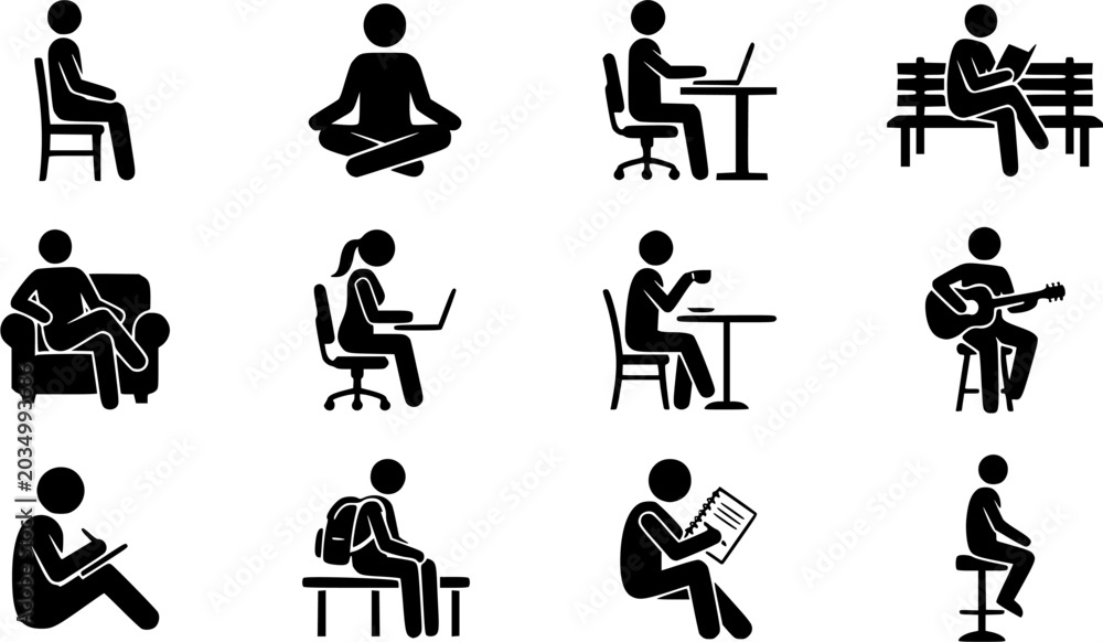 Obraz premium People sitting silhouette icon set, flat black glyph style, pure white background