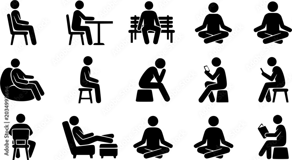 Obraz premium People sitting silhouette icon set, flat black glyph style, pure white background