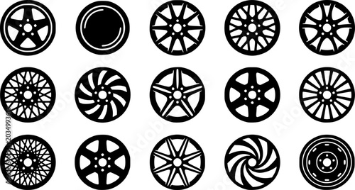 Wheel hubcap silhouette icon set, flat black glyph 
style, pure white background