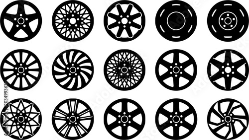 Wheel hubcap silhouette icon set, flat black glyph 
style, pure white background
