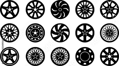 Wheel hubcap silhouette icon set, flat black glyph 
style, pure white background