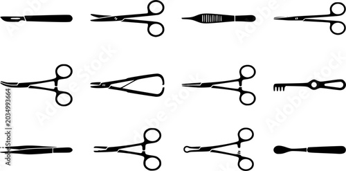 Surgical instruments silhouette icon set, flat black glyph 
style, pure white background
